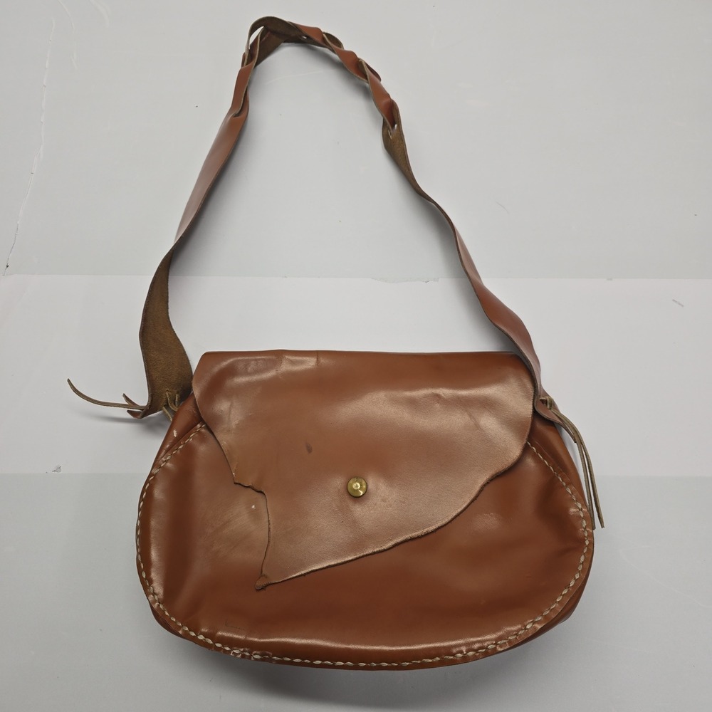 Vintage Handmade Brown Leather Crossbody‎ Bag Artisan Saddle Bag Raw Edge Stitch